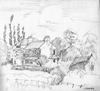 Pencil study, house with poplar trees at Kilpin Pike, Howdendyke, Yorkshire, UK